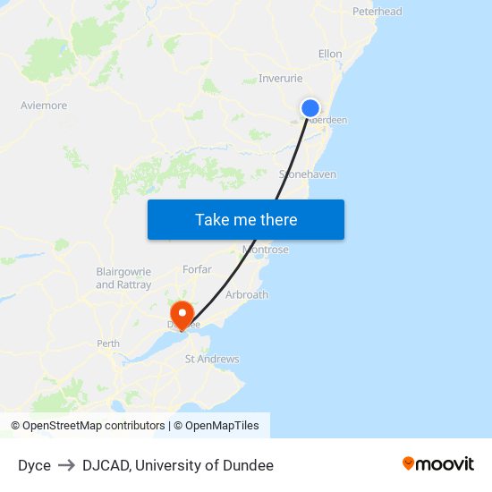 Dyce to DJCAD, University of Dundee map