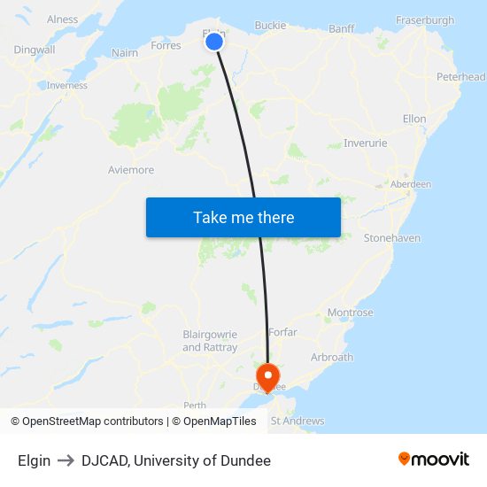 Elgin to DJCAD, University of Dundee map