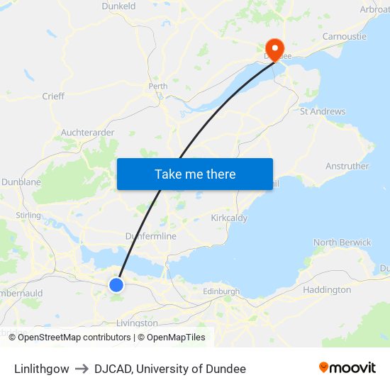 Linlithgow to DJCAD, University of Dundee map