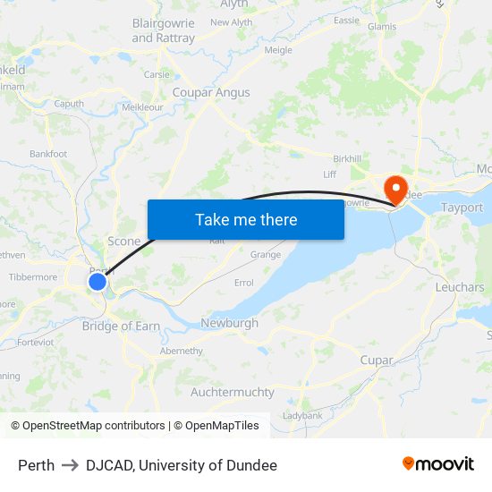 Perth to DJCAD, University of Dundee map