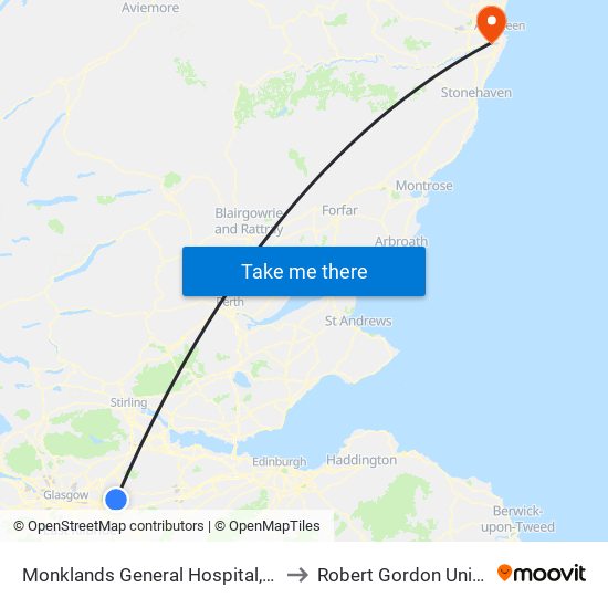 Monklands General Hospital, Whinhall to Robert Gordon University map