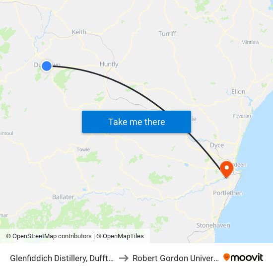 Glenfiddich Distillery, Dufftown to Robert Gordon University map