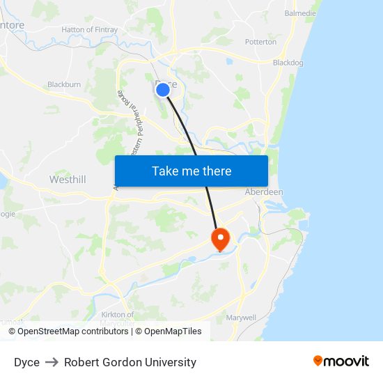 Dyce to Robert Gordon University map