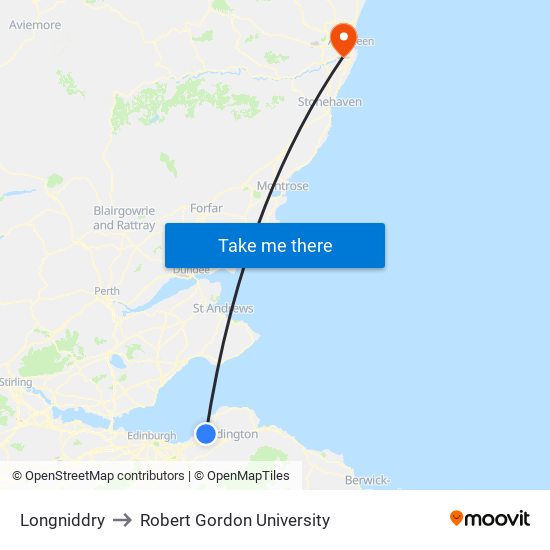 Longniddry to Robert Gordon University map