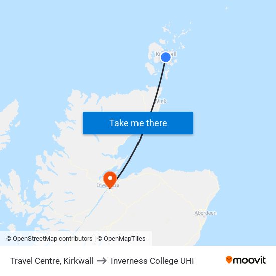 Travel Centre, Kirkwall to Inverness College UHI map