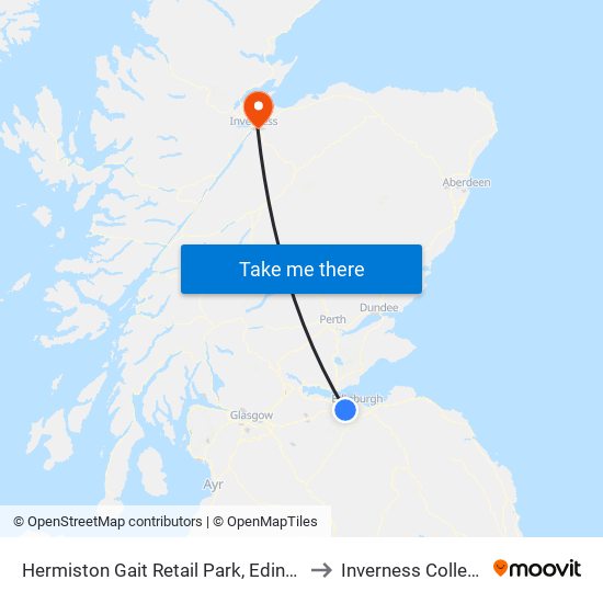 Hermiston Gait Retail Park, Edinburgh Park to Inverness College UHI map