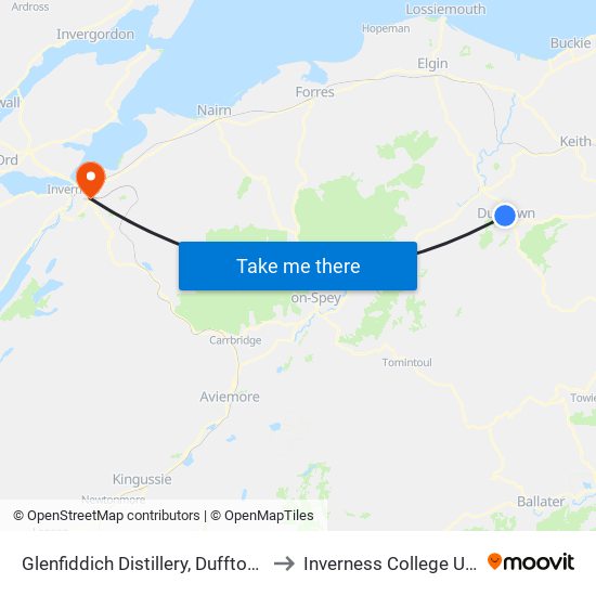 Glenfiddich Distillery, Dufftown to Inverness College UHI map