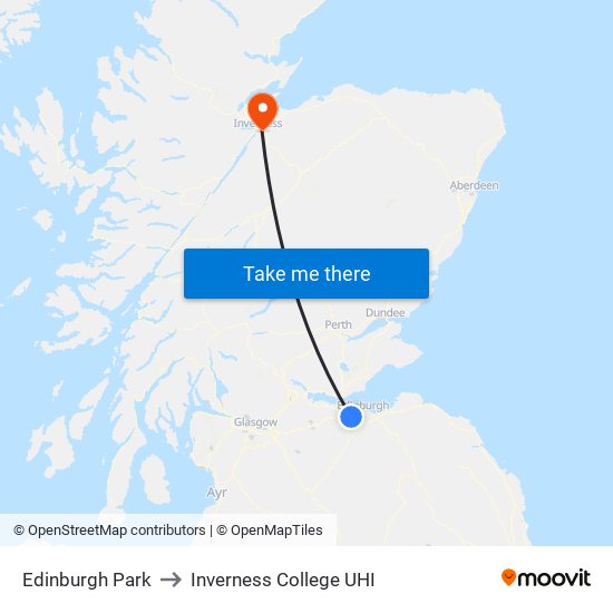 Edinburgh Park to Inverness College UHI map