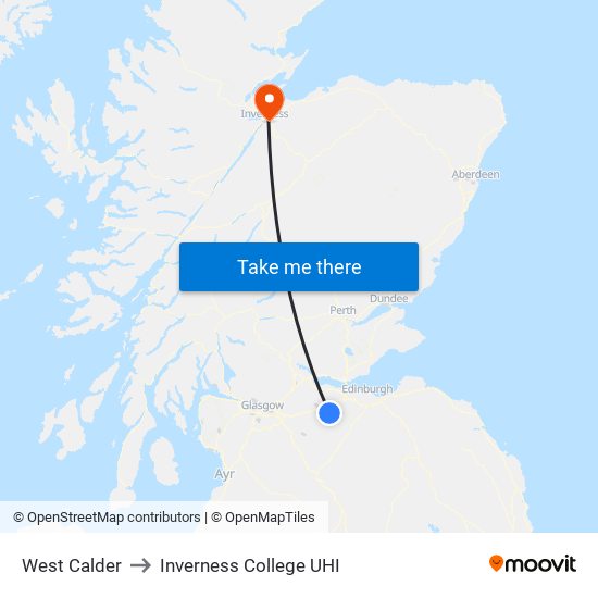 West Calder to Inverness College UHI map