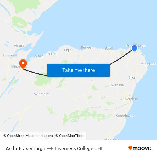 Asda, Fraserburgh to Inverness College UHI map