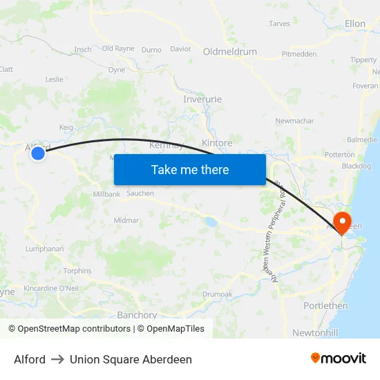 Alford to Union Square Aberdeen map