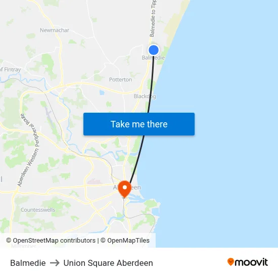 Balmedie to Union Square Aberdeen map