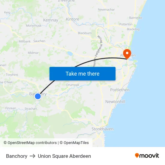 Banchory to Union Square Aberdeen map