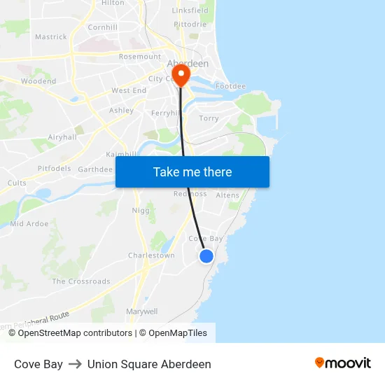 Cove Bay to Union Square Aberdeen map