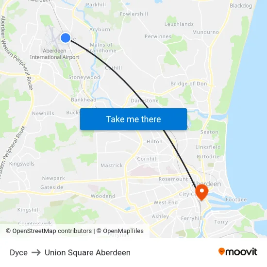 Dyce to Union Square Aberdeen map