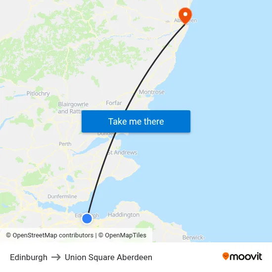 Edinburgh to Union Square Aberdeen map
