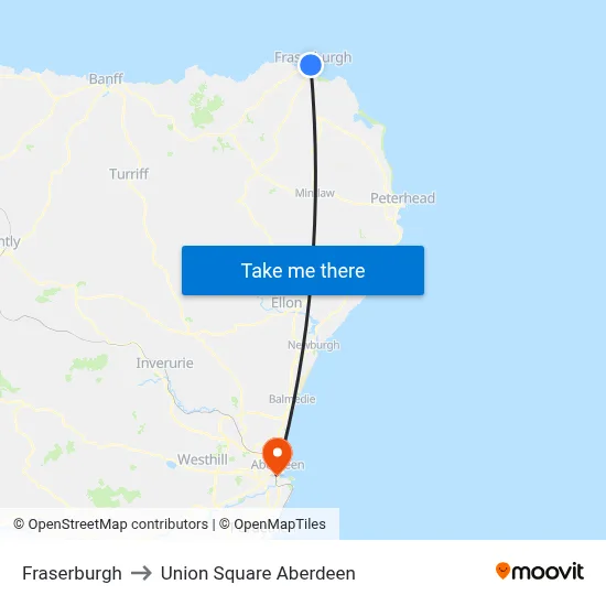 Fraserburgh to Union Square Aberdeen map