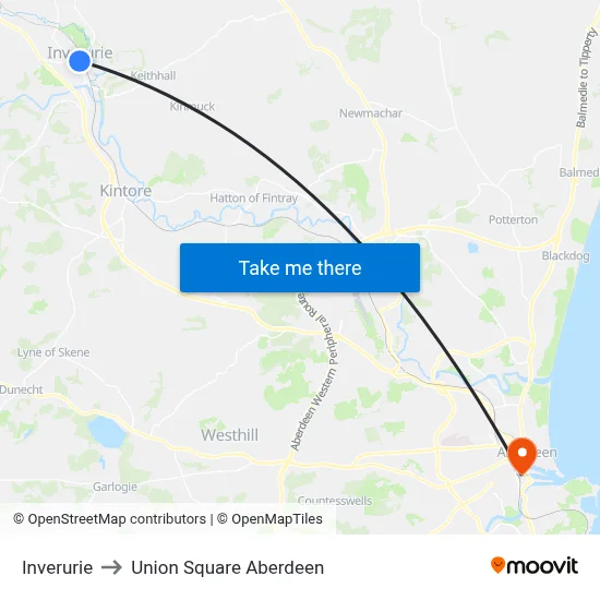 Inverurie to Union Square Aberdeen map