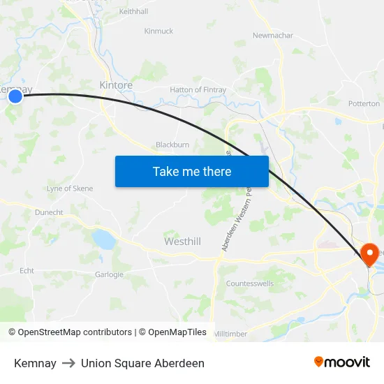 Kemnay to Union Square Aberdeen map