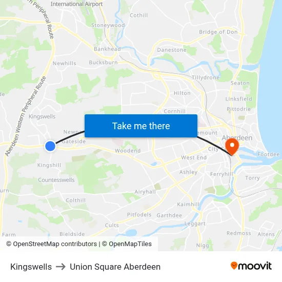 Kingswells to Union Square Aberdeen map