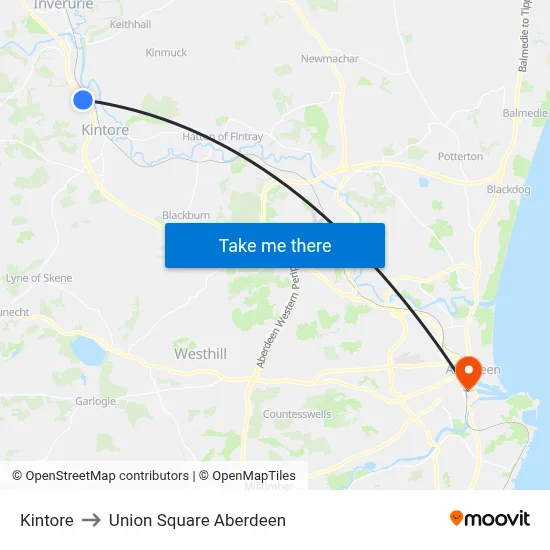 Kintore to Union Square Aberdeen map