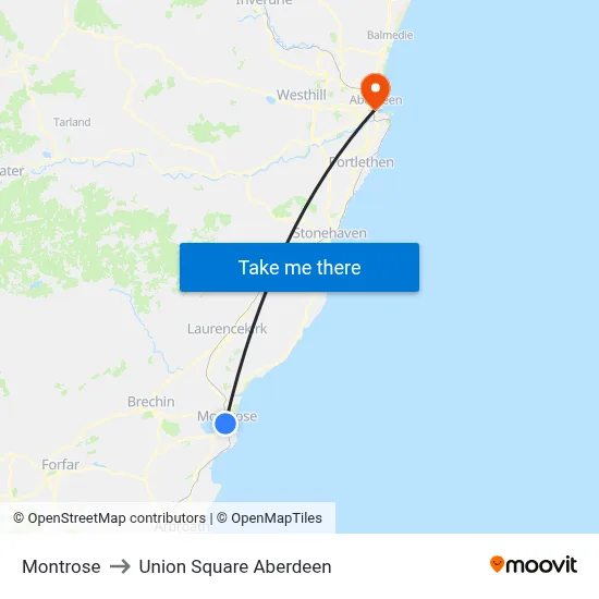 Montrose to Union Square Aberdeen map
