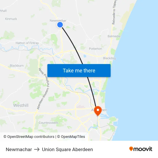 Newmachar to Union Square Aberdeen map