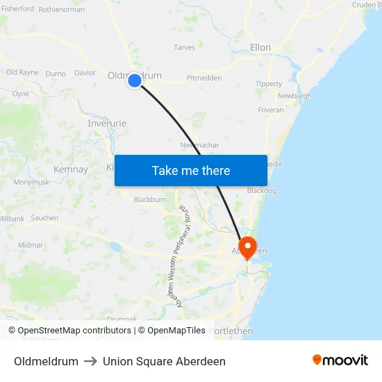 Oldmeldrum to Union Square Aberdeen map