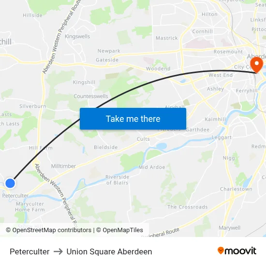 Peterculter to Union Square Aberdeen map
