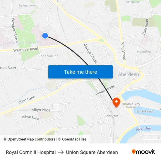 Royal Cornhill Hospital to Union Square Aberdeen map