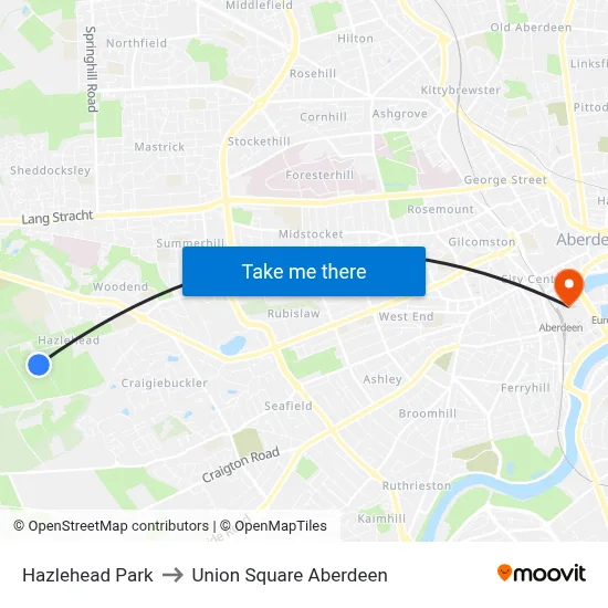 Hazlehead Park to Union Square Aberdeen map