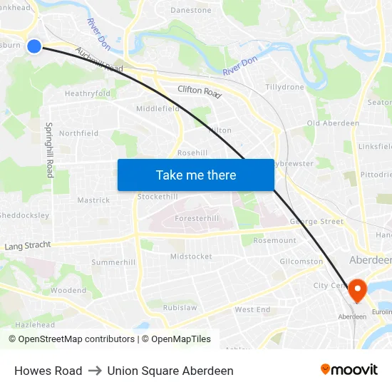 Howes Road to Union Square Aberdeen map