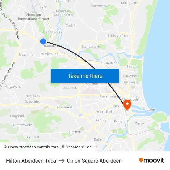 Hilton Aberdeen Teca to Union Square Aberdeen map