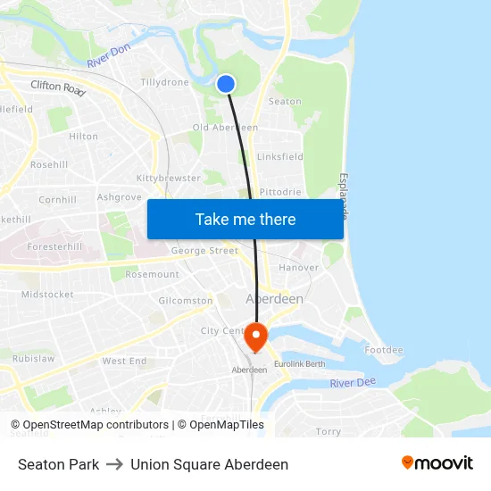 Seaton Park to Union Square Aberdeen map