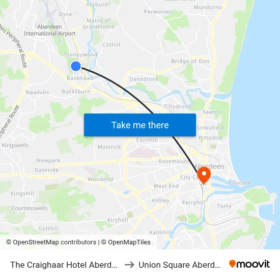 The Craighaar Hotel Aberdeen to Union Square Aberdeen map