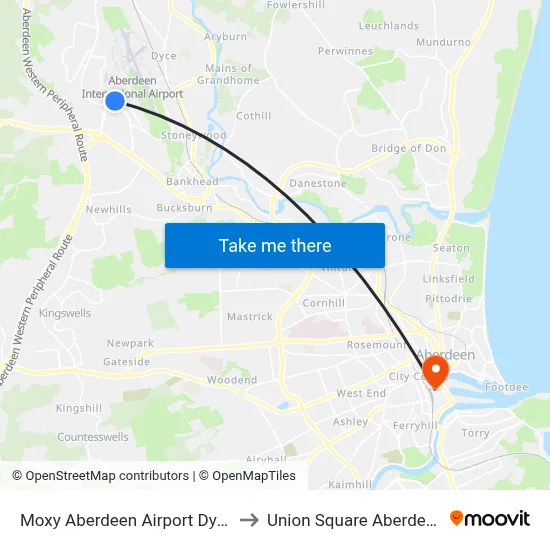 Moxy Aberdeen Airport Dyce to Union Square Aberdeen map