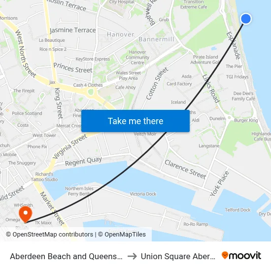 Aberdeen Beach and Queens Links to Union Square Aberdeen map