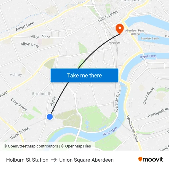 Holburn St Station to Union Square Aberdeen map