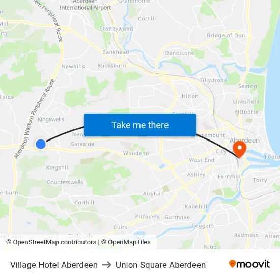 Village Hotel Aberdeen to Union Square Aberdeen map