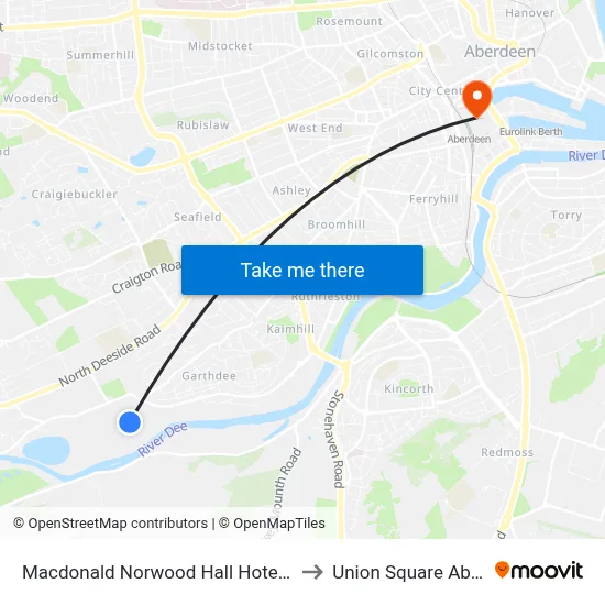 Macdonald Norwood Hall Hotel Aberdeen to Union Square Aberdeen map