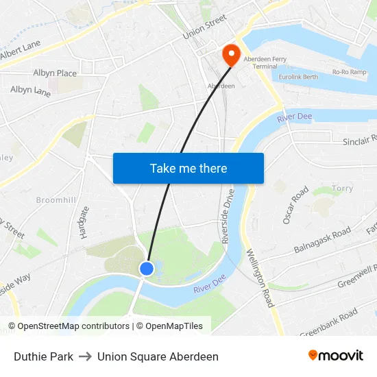 Duthie Park to Union Square Aberdeen map