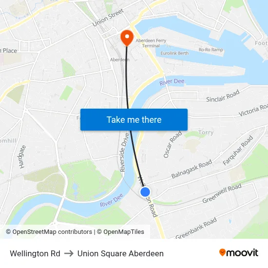 Wellington Rd to Union Square Aberdeen map