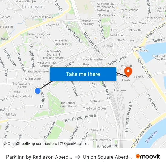 Park Inn by Radisson Aberdeen to Union Square Aberdeen map