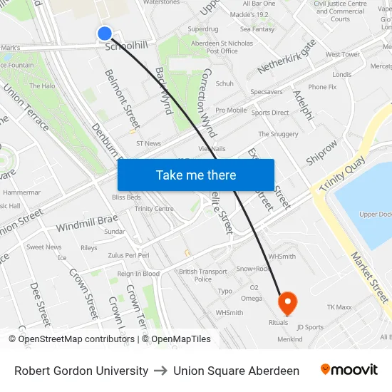 Robert Gordon University to Union Square Aberdeen map