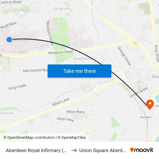 Aberdeen Royal Infirmary (ARI) to Union Square Aberdeen map