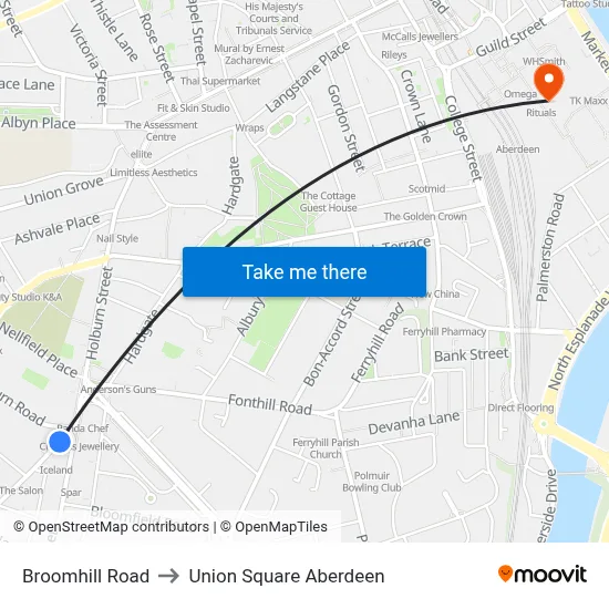 Broomhill Road to Union Square Aberdeen map