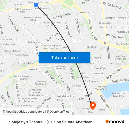 His Majesty's Theatre to Union Square Aberdeen map