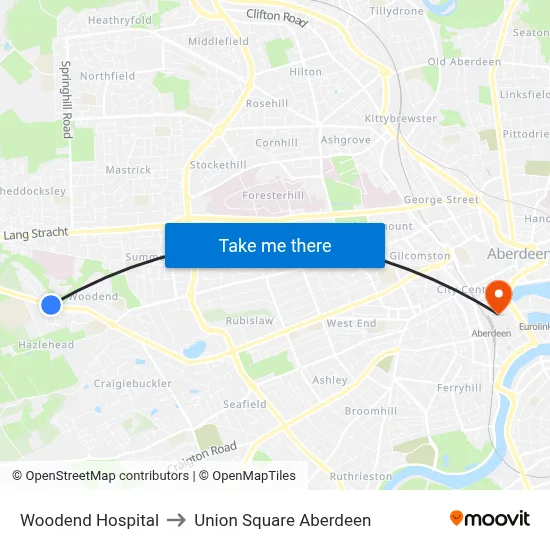 Woodend Hospital to Union Square Aberdeen map