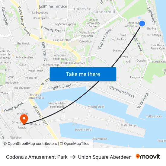 Codona's Amusement Park to Union Square Aberdeen map