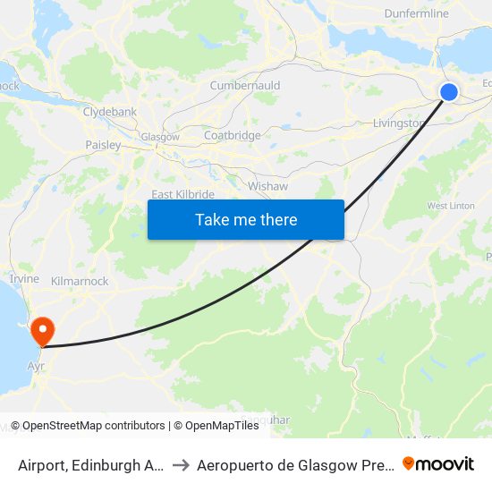 Airport, Edinburgh Airport to Aeropuerto de Glasgow Prestwick map